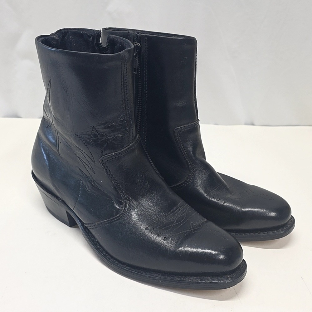 Double-H Western Zipper Men 8 2E Black Leather Ankle Boots 1875 Pointed Toe Wide